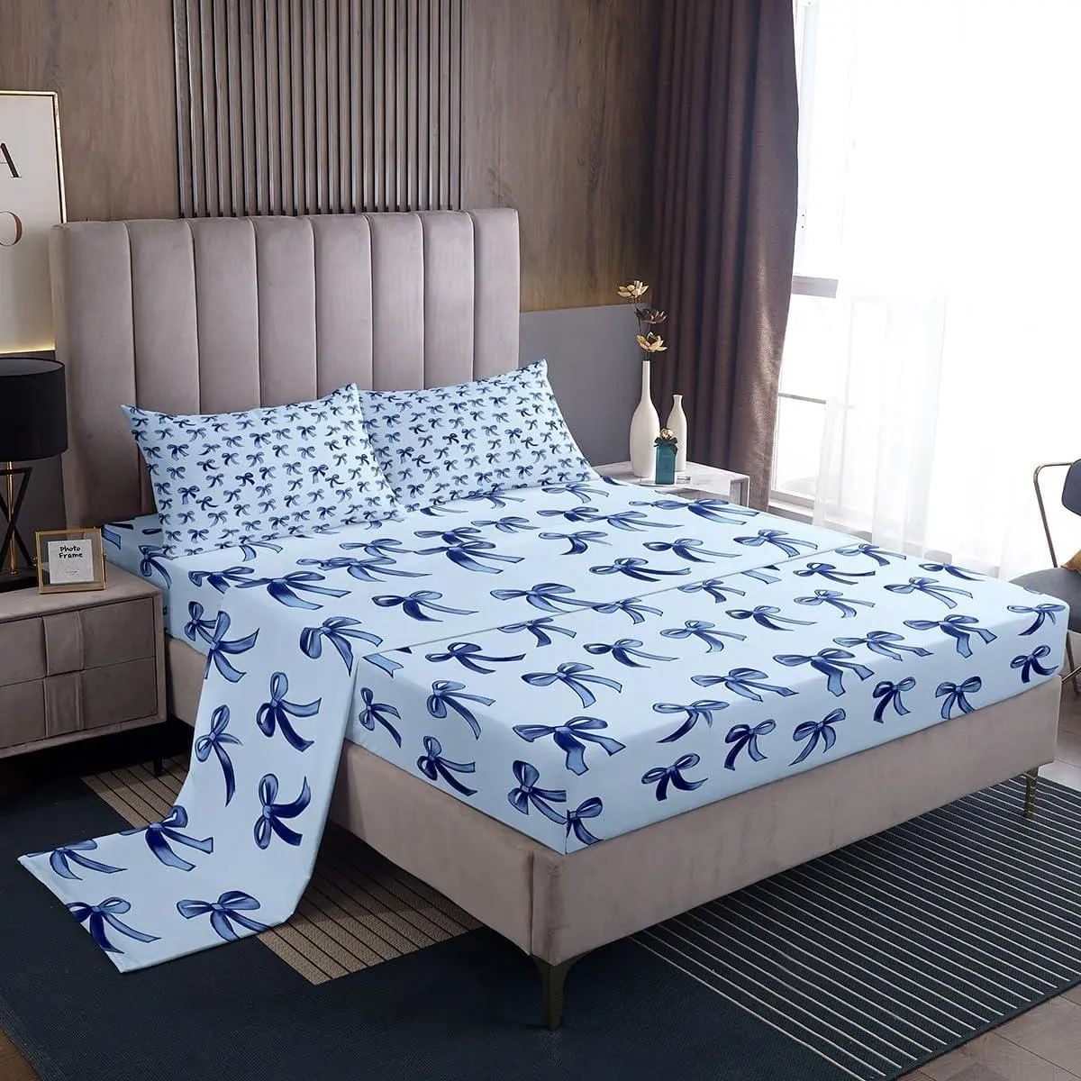 Bowknot Sheet Set,Kawaii Simple Bows Microfiber Bed Sheets Set,Cute Cartoon Dreamy Printed Kids Teens Bed Set for Bedroom,Baby Blue Ribbon Bedroom Decor Bedding Set