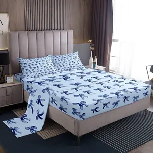 Bowknot Sheet Set,Kawaii Simple Bows Microfiber Bed Sheets Set,Cute Cartoon Dreamy Printed Kids Teens Bed Set for Bedroom,Baby Blue Ribbon Bedroom Decor Bedding Set