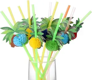50 Coconut Tree Drinking Straws, Hawaiian Beach Cocktail Luau Party Decorations Supplies