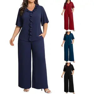 [1X-5X]AUCICCOO Plus Size 2 Piece Outfits for Women Ruffle V Neck Flutter Sleeve Top Wide Leg Pants Set Business Casual Suits