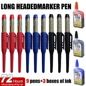 45mm Long Nib Marker Pen Set, 9 Pens + 3 Refill Bottles, Smooth Writing, Reusable, Fade-Proof, for Deep Hole Marking/Engineering Drawings, Ideal for Architects/Hole Drilling Tool Pen Users/Carpenters/Mens Birthday Gifts