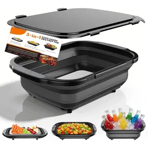 Collapsible BBQ Prep Tubs with Titanium  Board, Large-Capacity(5.3Gal/20L)Foldable  Board, with Locking Lid,  Sealing and Leak-Proof Design. Suitable for Kitchen and Outdoor.
