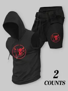 Men's 2-Piece Gym Workout Set - Sleeveless Hoodie & Compression Shorts with Bull Graphic | Black Bodybuilding Fitness Tracksuit | Muscle-Fit Gym Apparel for Men | Quick-Dry Athletic Training Outfit | Trendy Bodybuilding Wear Set for Workouts | Gym Outfits