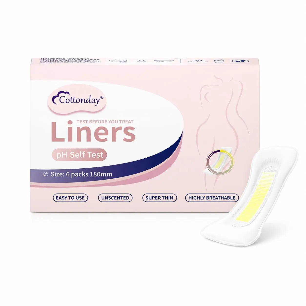 Cottonday pH Self Testing Liners, Feminine Care Panty Liners with pH Indicator, Individually Wrapped, 6 Count
