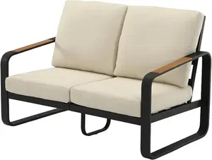 Tribesigns Outdoor Loveseat with Tall Back & Oversized Seat, Black Metal Frame with Wood Armrests, PET Fabric Cushions, Modern 2-Seater Patio Furniture for Porch, Deck, Backyard