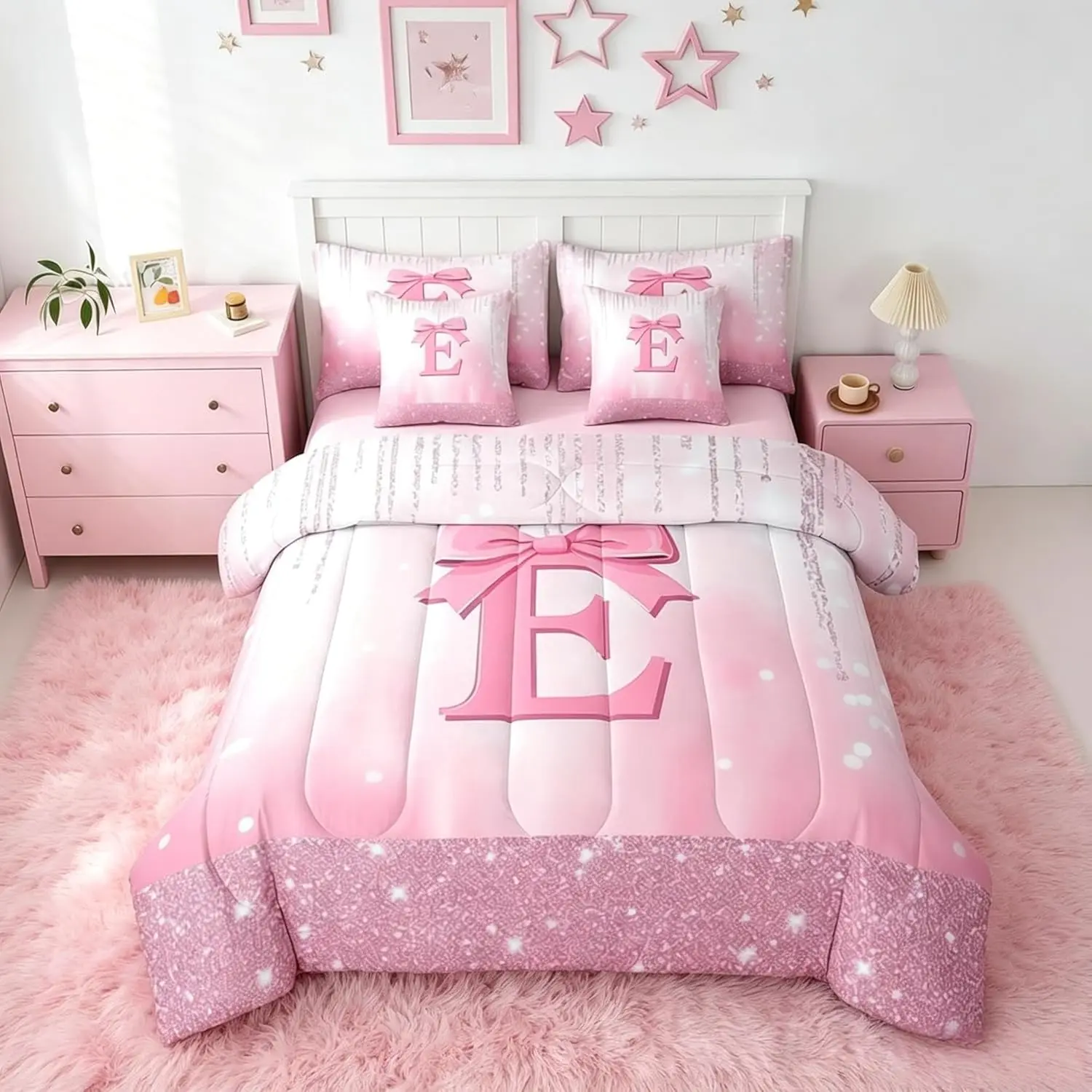Kids Pink Bowknot 7 Pieces Bedding Set,Personalized Initial E Bed in A Bag Princess Glitter Comforter Set with Sheets Bow Alphabet Bed Set Bedroom Decor 7Pcs
