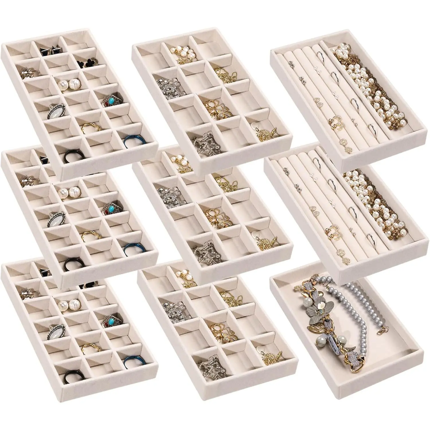 Organizer Tray,Stackable   Trays,Drawer Inserts Earring Organizer For Women  Storage Display Case for Rings Stud Necklaces,Set of 9(Beige)