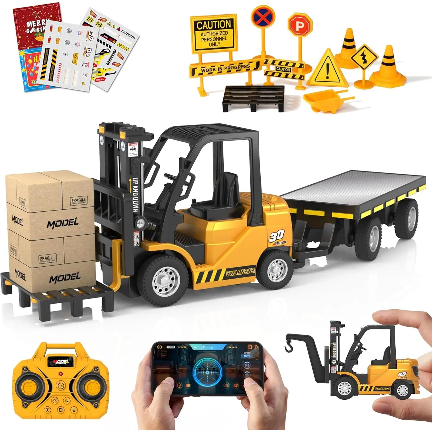 1/64 RC  , 3 in 1   Remote Control & App Remote Control  with Trailer & Fork & Hook, 10CH Alloy RC Construction Vehicles, Desktop  Gift for Adults Kids Boys Rechargeable Transformable summerwins