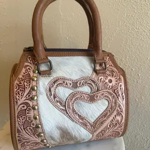 Mini tooled hearts Speedy Bag Western Leather Top Handle Purse Hair-On Hide Cowgirl Handbag with tan Accents