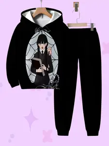 Wednesday Cartoon Girl Hoodie Set, 3D Printed Casual Halloween Costume, Fashionable Birthday Gift, Spring & Fall Wear