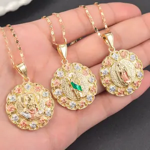 14k Gold Plated Necklace ORO Laminado Tricolor Guadalupe Pendant, St.Judas, Jesus and Rose Necklace, Women's Jewelry for Daily Wear and Gift