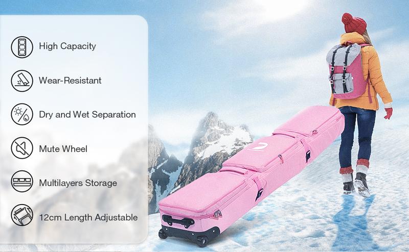Rolling Ski Bags with Wheel, 155cm-175cm Padded Waterproof Snowboard Bag for Air Travel, Fits Single Ski & Skis with 3 Separation Storage, Unisex Adjustable Length, Pink
