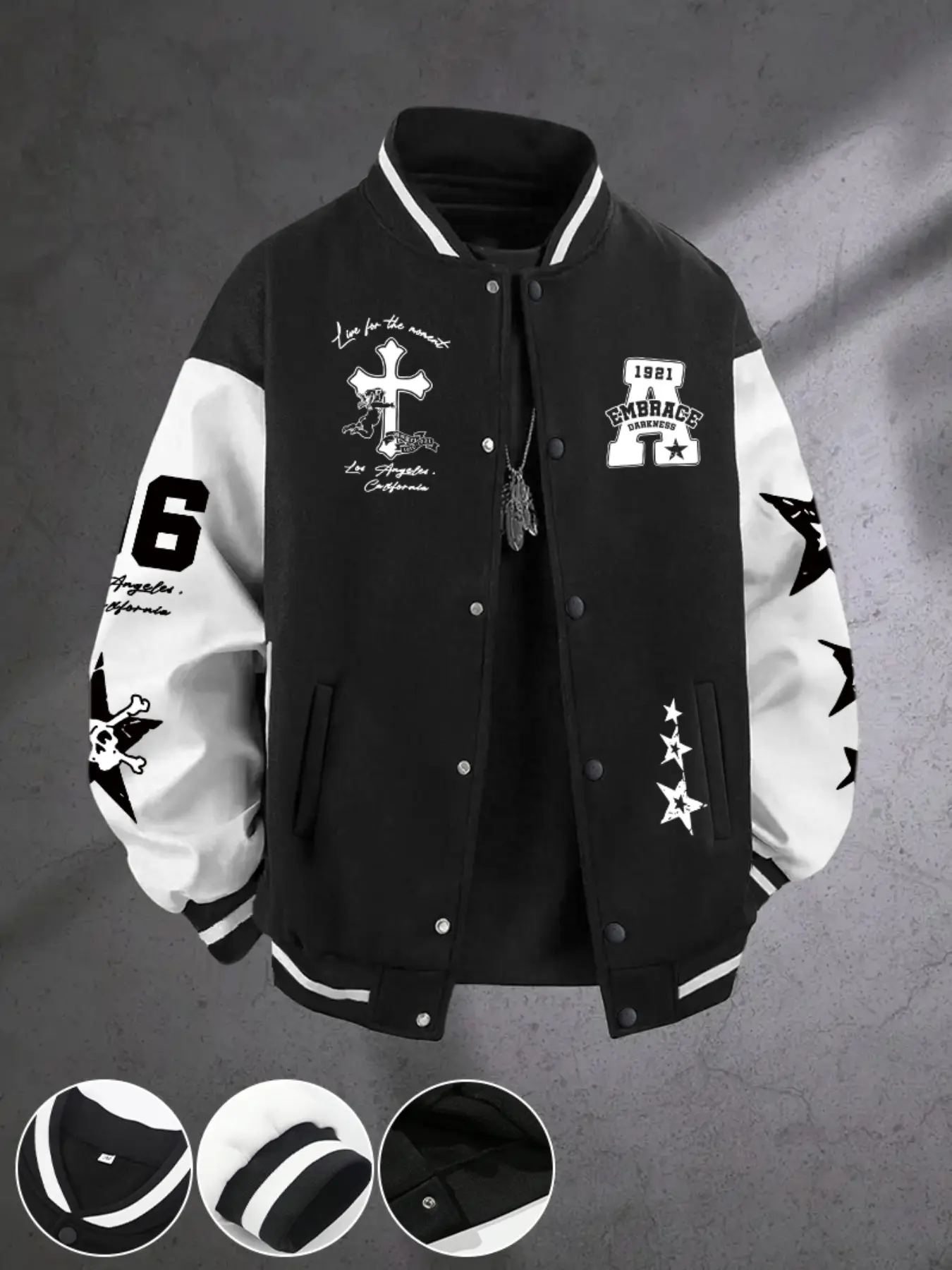 Men's Trendy Baseball Jacket, Skull & Crossbone Print, Star Pattern Design, Perfect Gift for Boyfriend, Casual Fall&winter Style