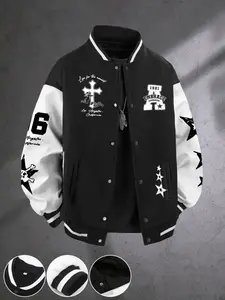 Men's Trendy Baseball Jacket, Skull & Crossbone Print, Star Pattern Design, Perfect Gift for Boyfriend, Casual Fall&winter Style