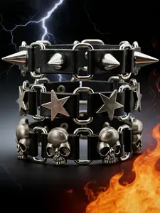3pcs/set Gothic Punk Rock PU Leather Bracelet Set, Stars and Skull Design, Wristband Collection for Women and Men, All Seasons