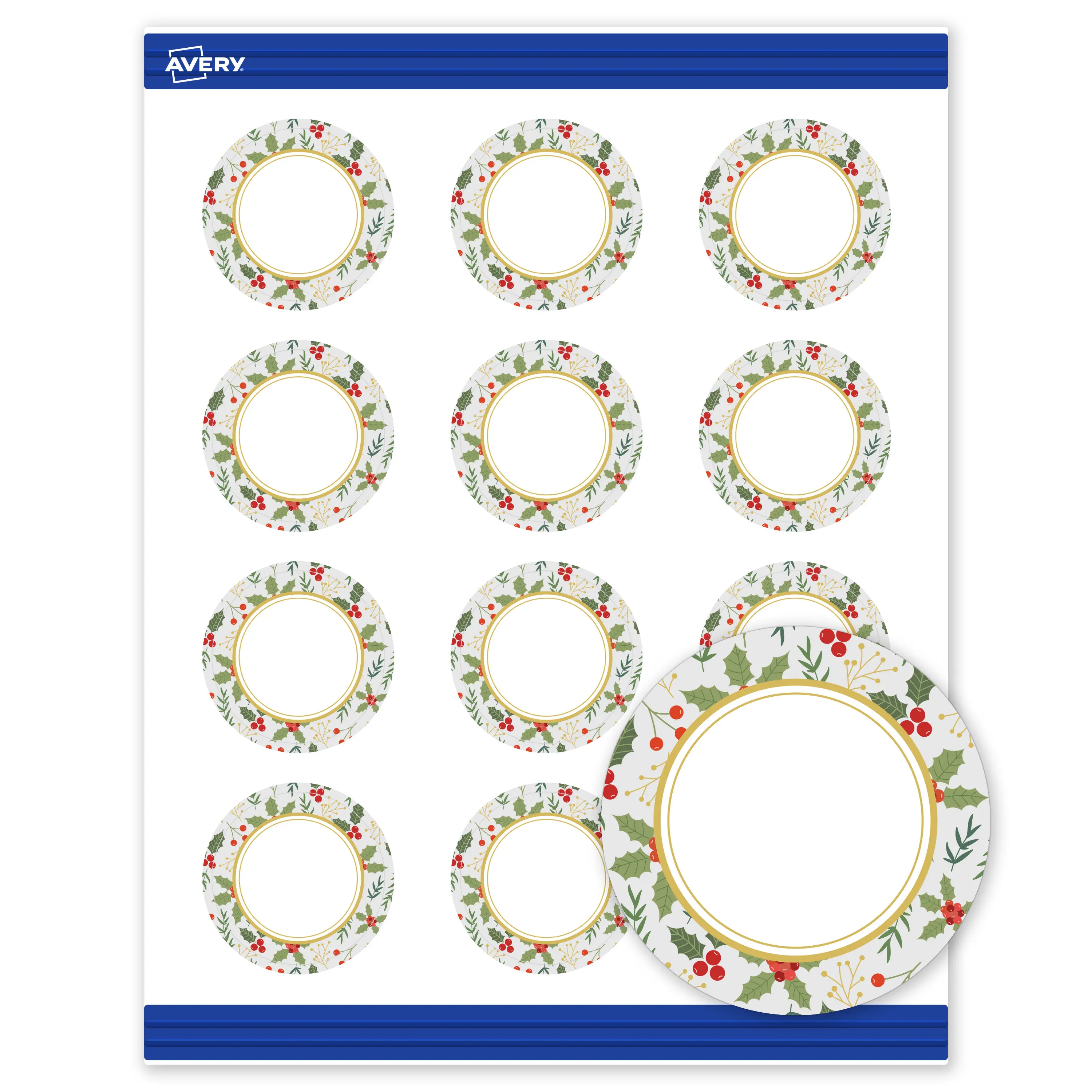 Avery® Printable Christmas Business Cards with Sure Feed® Technology, Round, 2" Diameter, Pre-Printed Light Blue Border with Metallic Gold Frame Design, Matte White, Laser & Inkjet Compatible, 120 Total