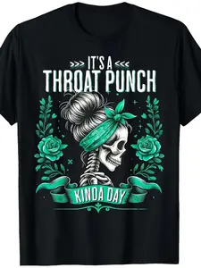 Mens "It's a Throat Punch Kinda Day" Skull & Roses Graphic Tee - Edgy Casual Streetwear with Teal Bandana & Vibrant Roses Design