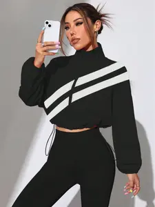 Colorblock Zip-Up Sports Jacket with Drawstring Hem, Striped Pattern, Fitted Style, Casual Wear, Spring & Autumn Fashion, Zippered Jacket