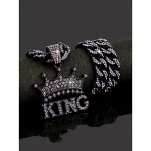 [SHUEN]14K Gold Plated King & Crown Pendant with Austrian Rhinestones Miami Cuban Link Chain Italy & Micro Inspired Unisex Hip Hop Necklace for Men & Women Jewelry,Daily Wear,Casual Fashion,Sporty Style,Gift Idea