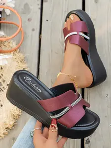 Open-Toe Wedge Slide Sandals, Women's Rhinestone-Trimmed Chunky Footwear