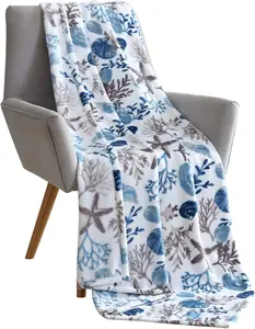 Coastal Ocean Beach Throw Blanket: Soft Plush Velvet Fleece Seashells Hues of Blue Grey on White Accent for Couch or Bed, Colored: Blue Gray Taupe White, 50" x 70"