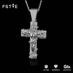 FSTVE 18k Gold Plated Jesus Cross Pendant with Moissanite & Thorned Rose Hip-Hop Fashion Jewelry Gift
