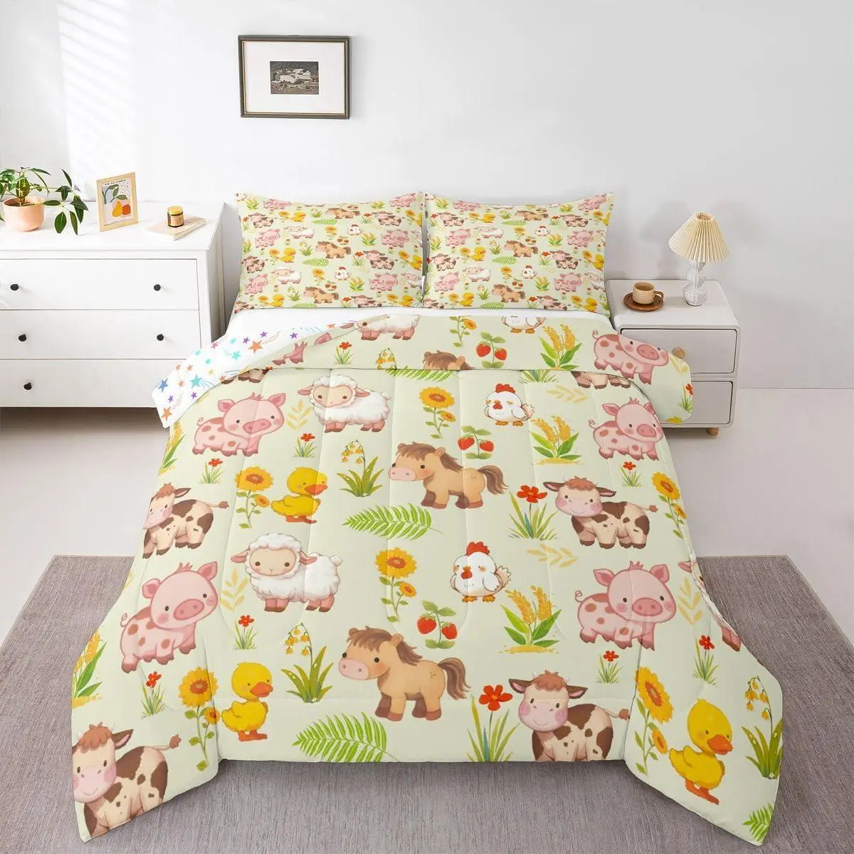 Cartoon Horse Bedding Set Cute Cow Pig Sheep Chicken Duck Comforter Set Bedroom Farmhouse Farm Animals Comforter Florals Branches Quilt Duvet