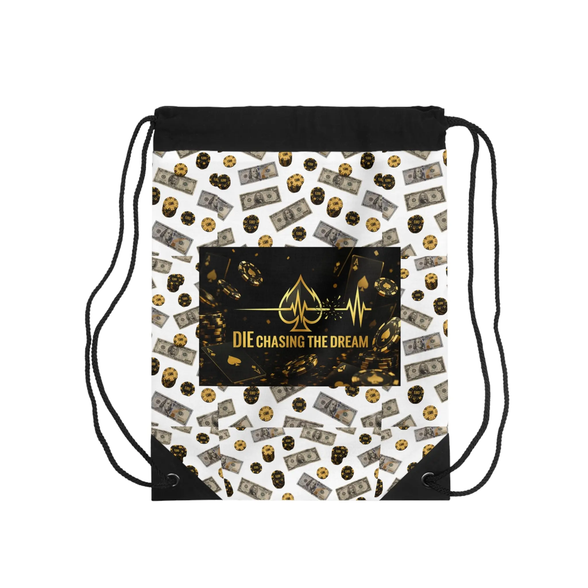 Motivational Gold Money Drawstring Bag — “Die Chasing The Dream” Graphic Gym Sack