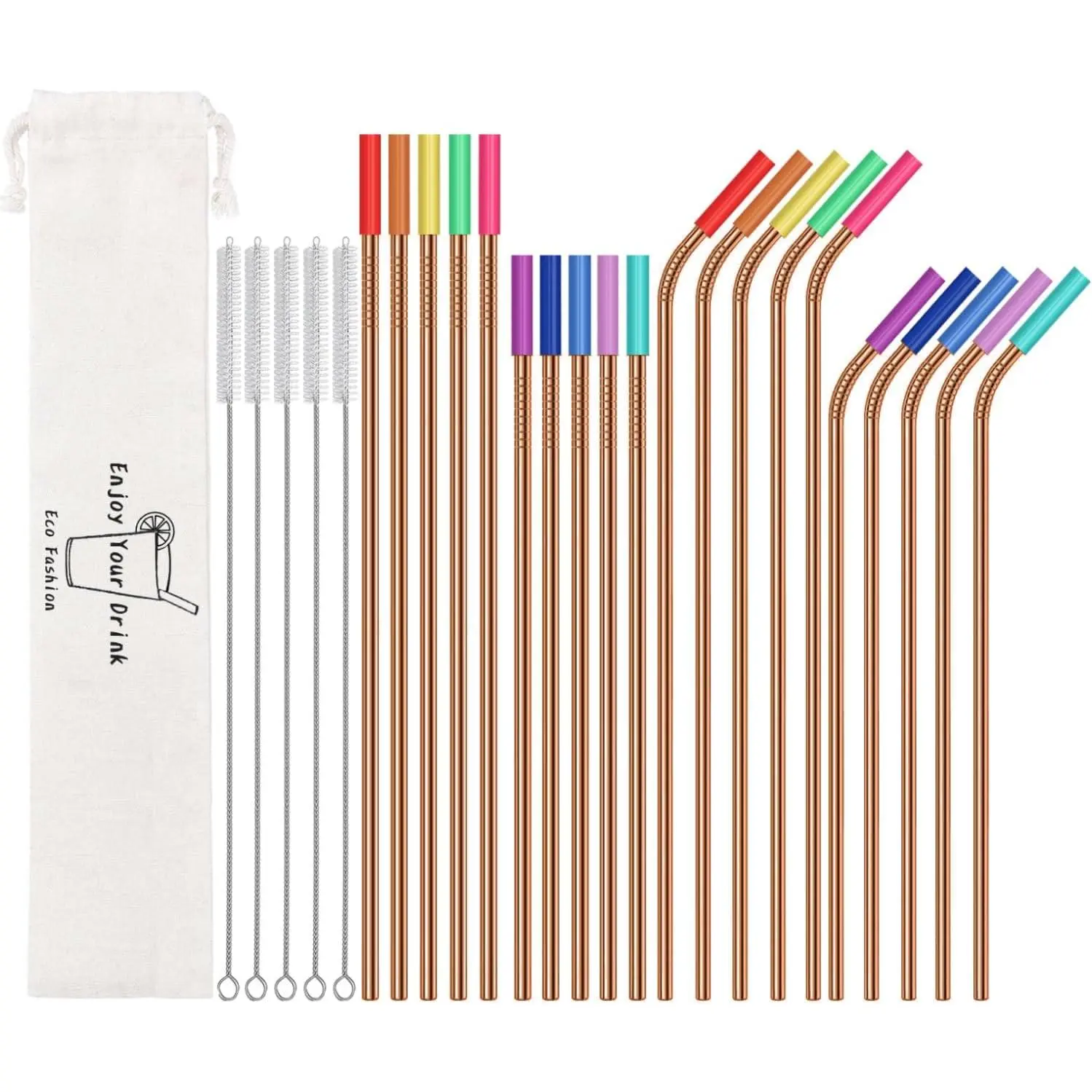 20 count Rose   Stainless Steel Straws,10.5" & 8.5"  Drinking Straws with 20  Tips 5 Straw Brushes 1 Travel Case, Extra Long Metal Straw for 20 24 30 oz Tumbler