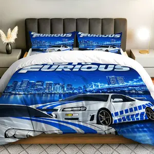 3PCS Duvet Cover Set, 1 Duvet+2 Pillowcases(Without filler), Racing Car Skyline Night City Speed theme, Birthday bedding set, Fast Furious  Room Guest Room Teen's Room ' Room, Comfy Bed Sets