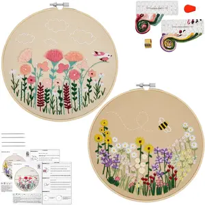 Flowers Embroidery Kits for Beginner Adults, Floral Hand Embroidery Needlepoint Stamped Cross Stitch Kit, includes 2 embroidery hoops, fabric, thread with attached video tutorial