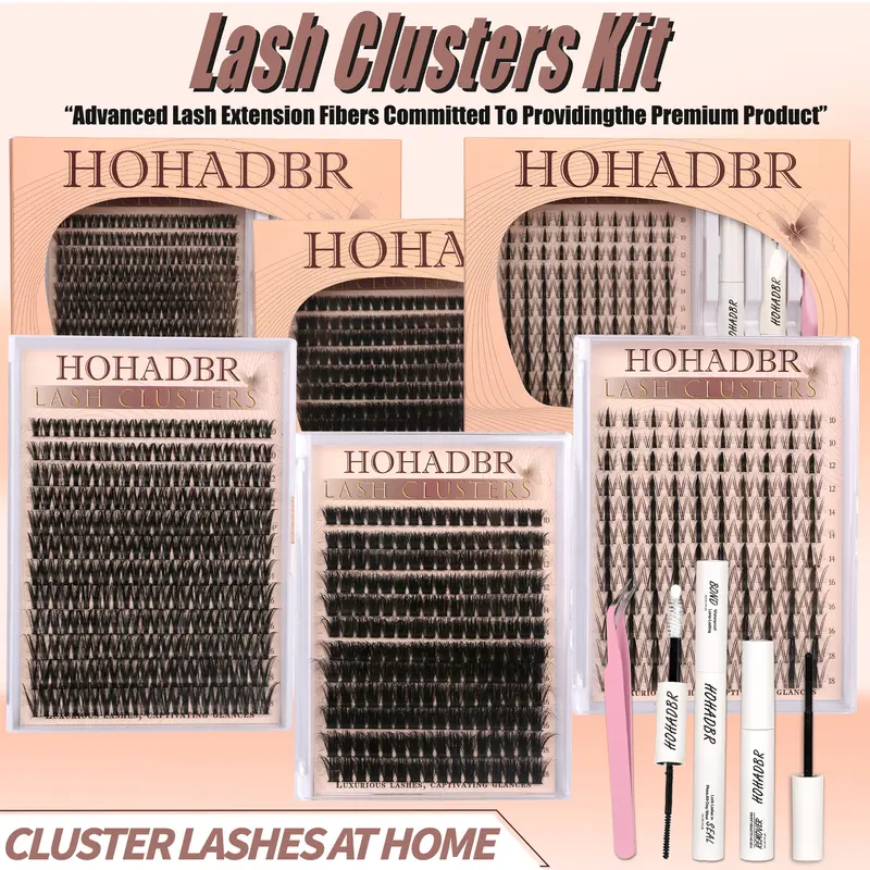 HOHADBR Cluster Lashes Kit (8-16mm) - Natural Individual Fairy Wispy Thick Fake Lashes, Waterproof Eyelash Extension Glue, Applicator, Cosmetic Makeup, Eyelash Extension Accessories Bundle, Box, #BackToSchool