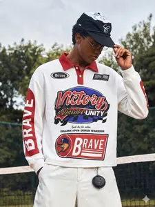 Men's Streetwear Graphic Print Long Sleeve Polo Shirt, Loose Fit Casual Fashion, Fall Outerwear, Sports Campus Style, Comfortable