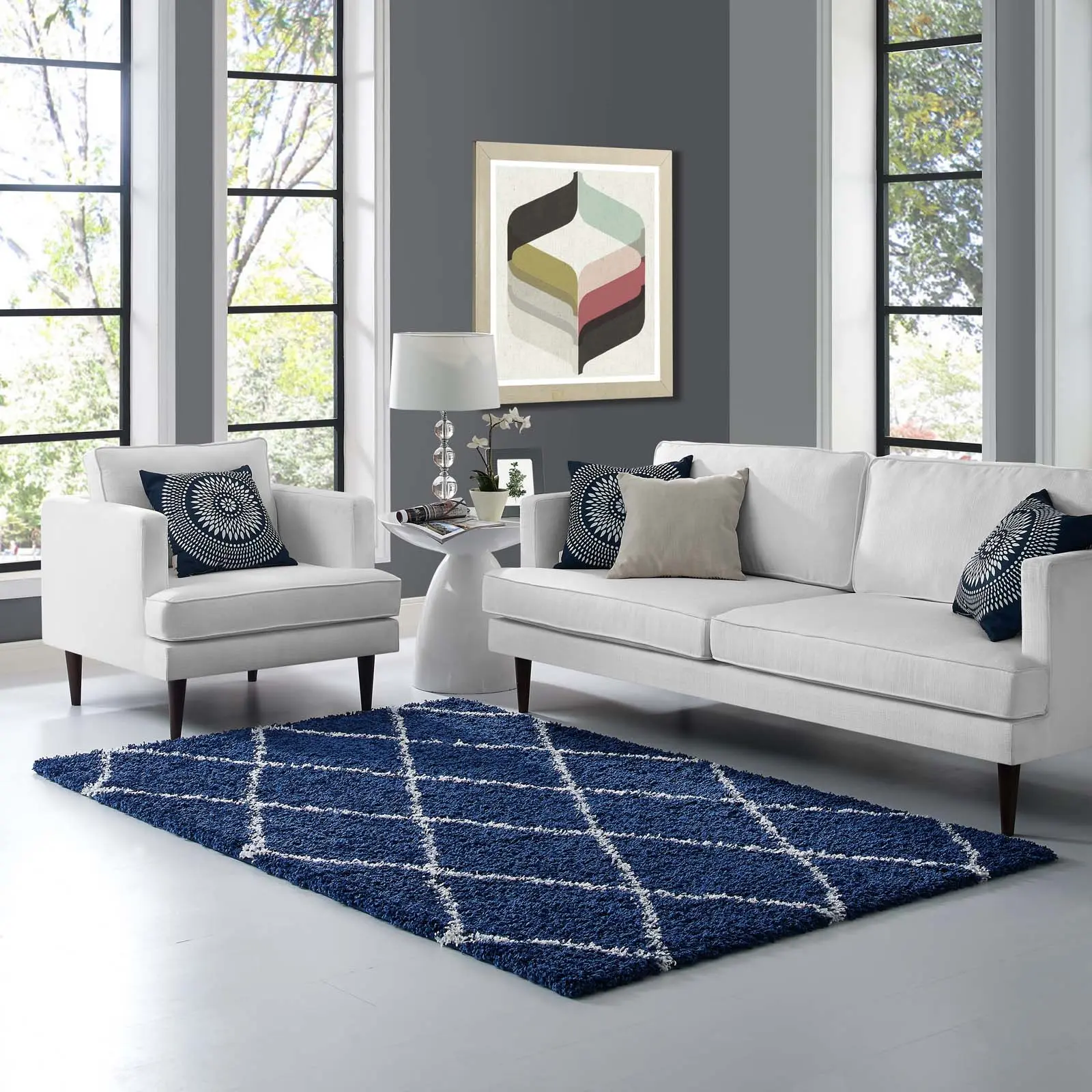 Modway Toryn Diamond Lattice 5x8 Shag Area Rug in Navy and Ivory