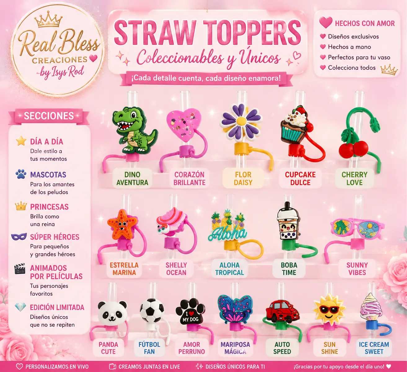 Cute straw toppers for cups and tumblers / Adorno para sorbete de Vasos y Tumbler