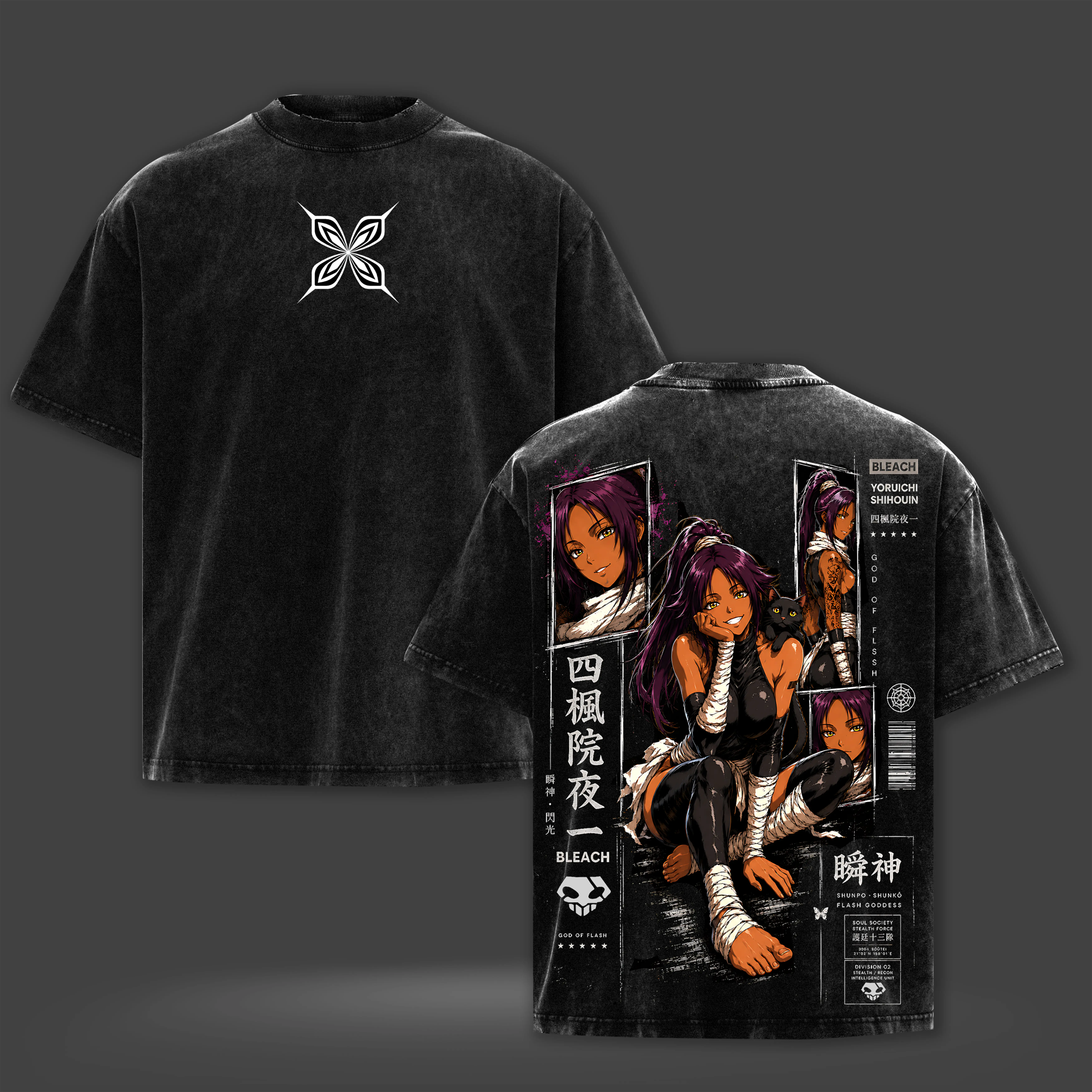 Yoruichi Shihouin God of Flash Bleach Anime Washed Black Oversized Graphic T-Shirt, Front and Back Print Streetwear Tee