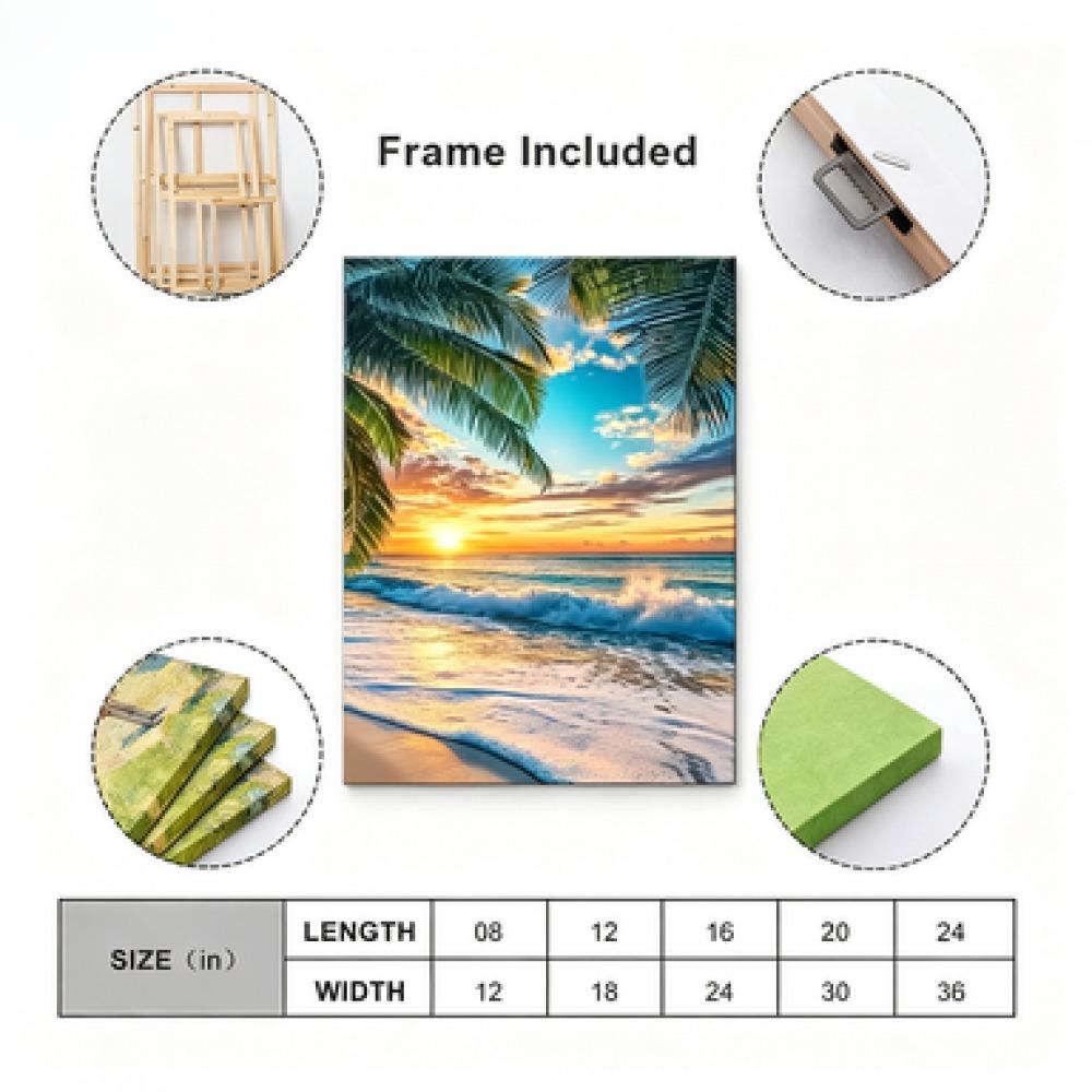 Beach Scenery and Palm Tree Pattern Wooden Frame Canvas Painting, Modern Art Wall Decoration, Home Living Room Bedroom Office Wall Decoration, Poster Wall Art, Wall Decoration Painting