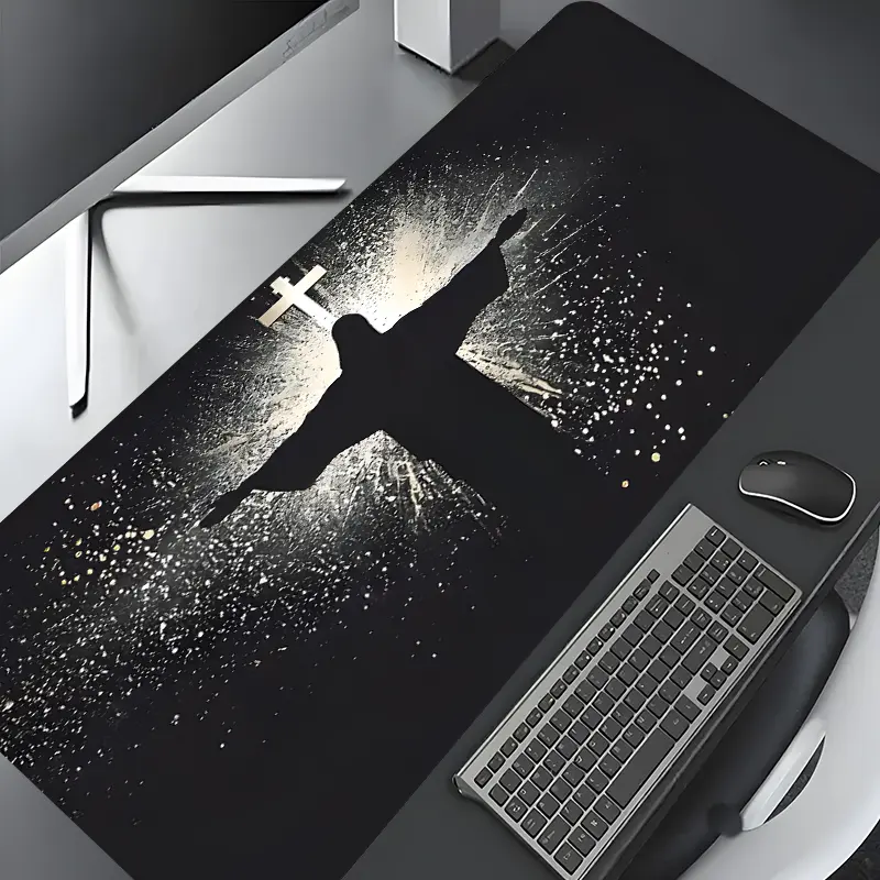 Jesus & Cross Illuminated Design Large Gaming Mouse Pad,Desktop Decoration Drotection Pad,Washable Non-Slip Lock Edge Multi-Size Mouse Pad Suitable For Home Office,Gaming Desk Accessory,Computer Desk Accessories,Gift for Family and Friends