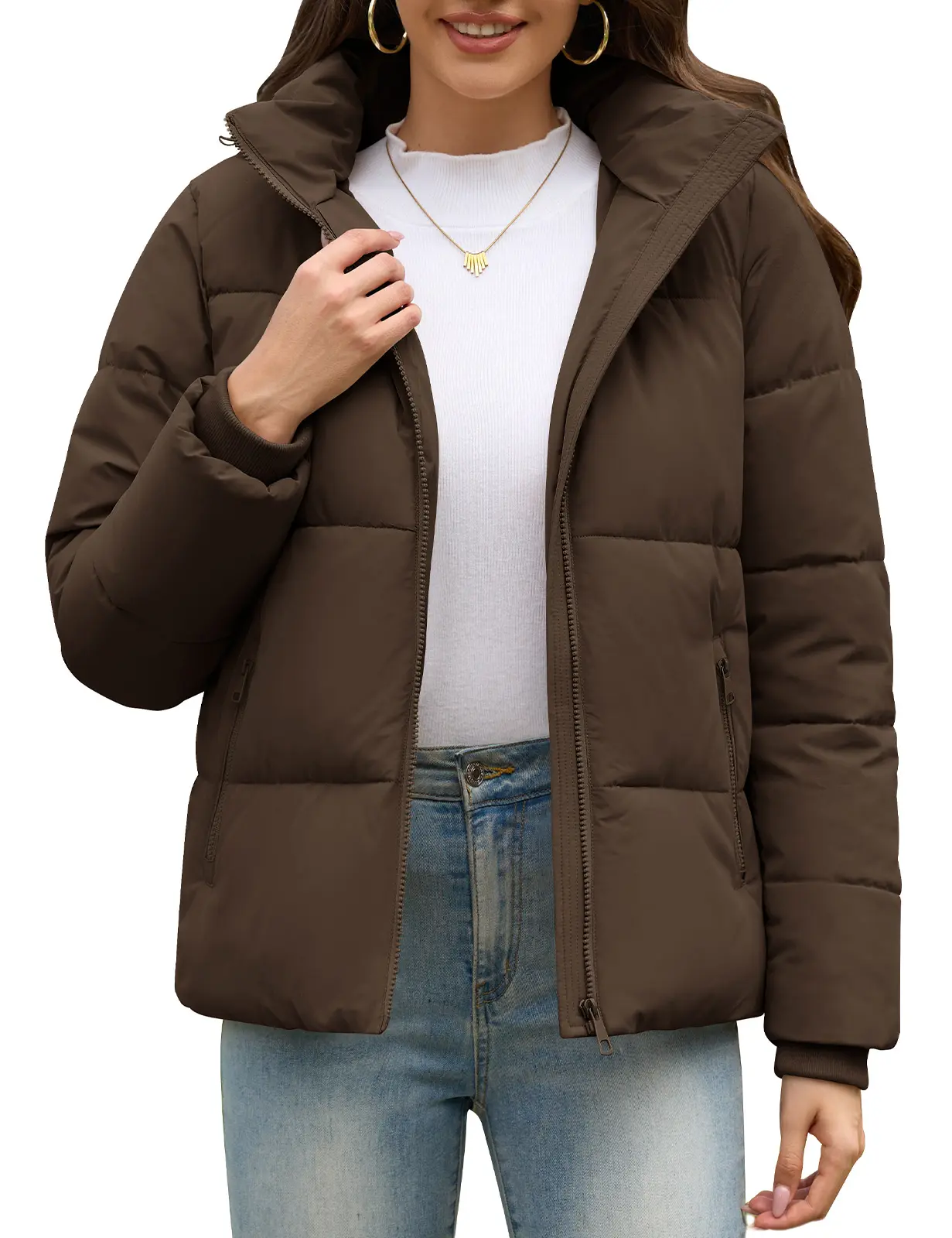 【Early Bird Price】HEEKPEK Women's Cropped Puffer Jacket, Water Resistant Warm Winter Quilted Coat, Removable Hood, Multi Zipper Pockets