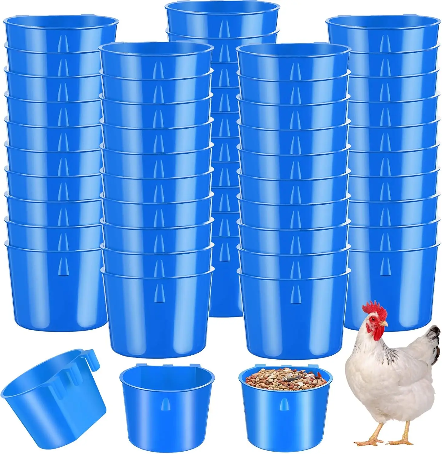 60 Pcs Cage Cups Chicken Feeder Birds Hanging Feeders Seed Bowl 8 oz Plastic Water Bowl Hanging Chicken Gamefowl Waterer Feeding Watering Dish Coop Cups for Parrot Parakeet Poultry(Blue)