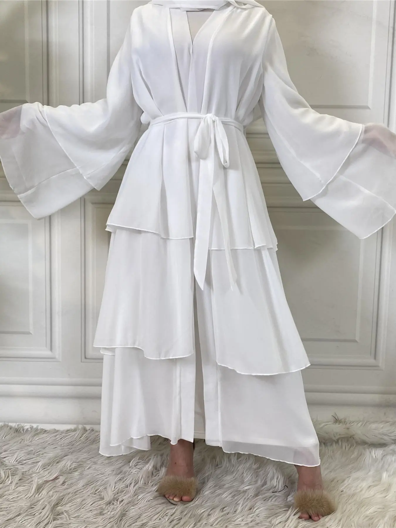 1896# ✨Layered Chiffon Open Abaya Dress | Not include hijab|Adjustable Waist Tie|Breathable Design|#ModestFashion