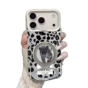 Gray Leopard Print Phone Case with Foldable Stand for iPhone 17 Pro Max 16 15 14 Pro 13, Fashion Shockproof Protective Cover
