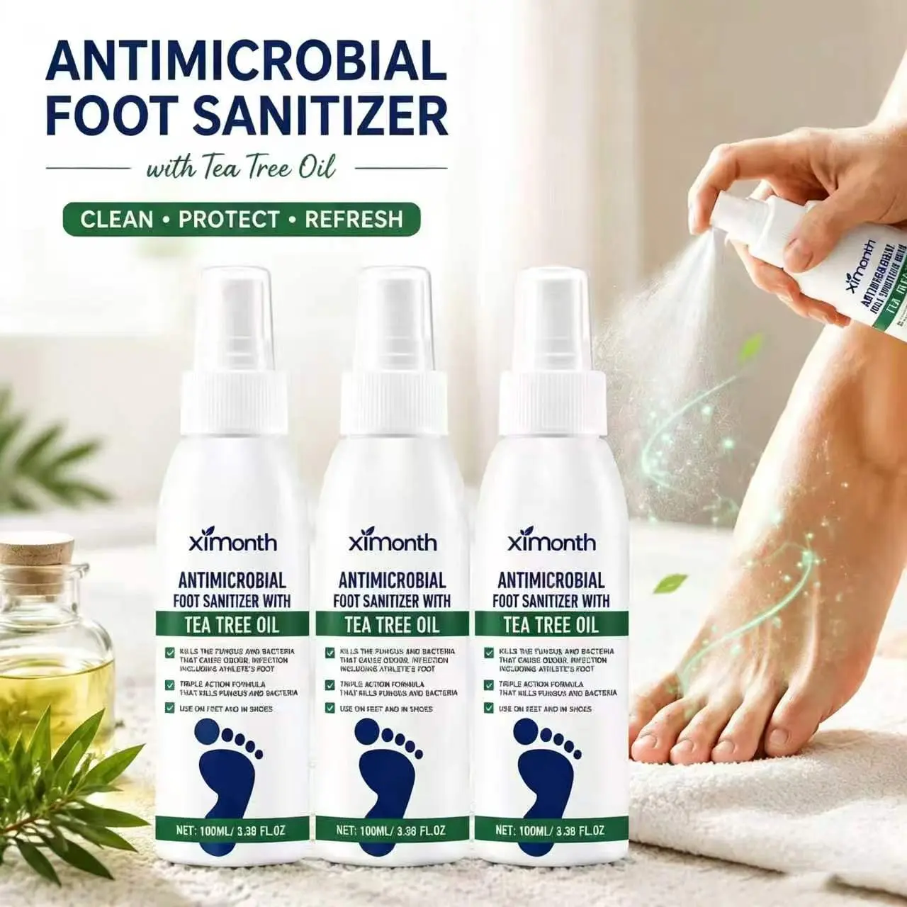Tea Tree Oil Foot Spray - Plantar Moisturizing Deodorant for Odor Control & Dry Feet Care, Natural Foot Sanitizer with Antifungal Properties,Ximonth Clear Foot Sanitizer Spray,for Foot & Shoe Freshness deodorize nail