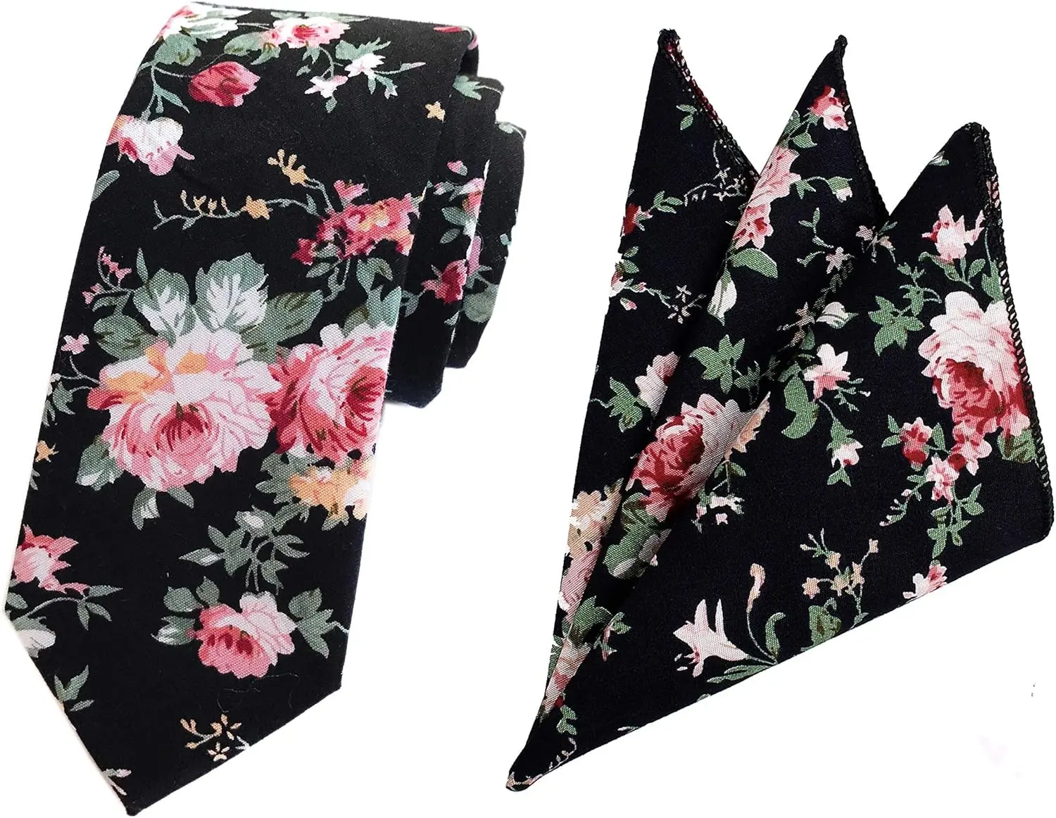 Men's Skinny Cotton Linen Ties Matching Handkerchief Set Floral Printed Neckties