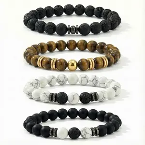 4Pcs Tiger Eye Bracelet Set for Men Women - 8mm Natural Stone & Black Crystal Beads - Healing Crystal Stretch Bracelet for Protection, Anxiety & Stress Relief - Adjustable Elastic Jewelry Gifts for Him Dad (4 Pieces)