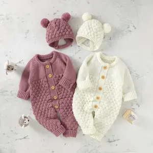Newborn Baby Girls Boys Hooded Sweater Romper Knit Bear Ear Long Sleeve Solid Color Button Jumpsuits Winter Clothes