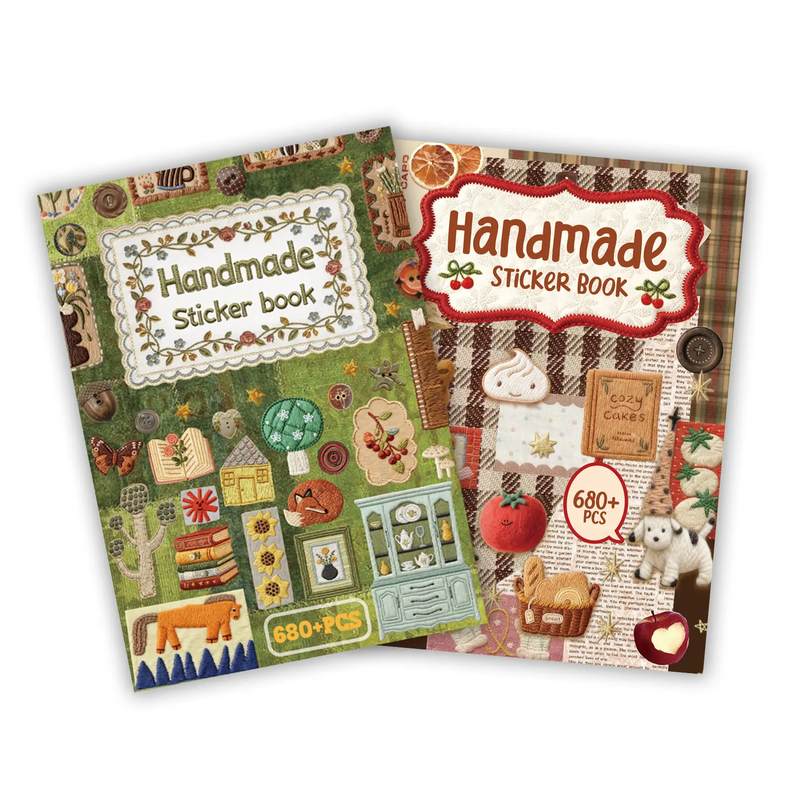 PRSTINCOL 2-Pack Handmade Embroidery Style Sticker Album - 60 Sheets, 1300+ PCS Self Adhesive Peel-and-Stick Stickers, Warm & Cool Tones, Vintage DIY Scrapbooking Craft Kit for Journaling, Self Adhesive Stickers