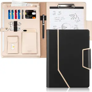 Conference Folder - Executive Business Padfolio with Letter/A4 Size Clipboard, Document Sleeve & Card Holders - Black