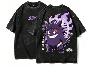 Men's Vintage Acid Wash Gengar Cos Uchiha Sasuke T-Shirt, Double Sided Purple Ninja Anime Graphic Tee, Grunge Streetwear Oversized Heavy Cotton Top Unisex Relaxed Fit Soft Menswear