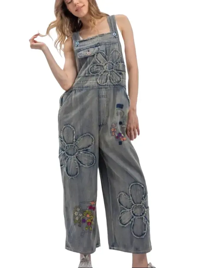 Blue Velvet Women's Floral Patchwork Overalls - Artistic Embroidered Denim Clothes with a Spirited, Whimsical Vibe
